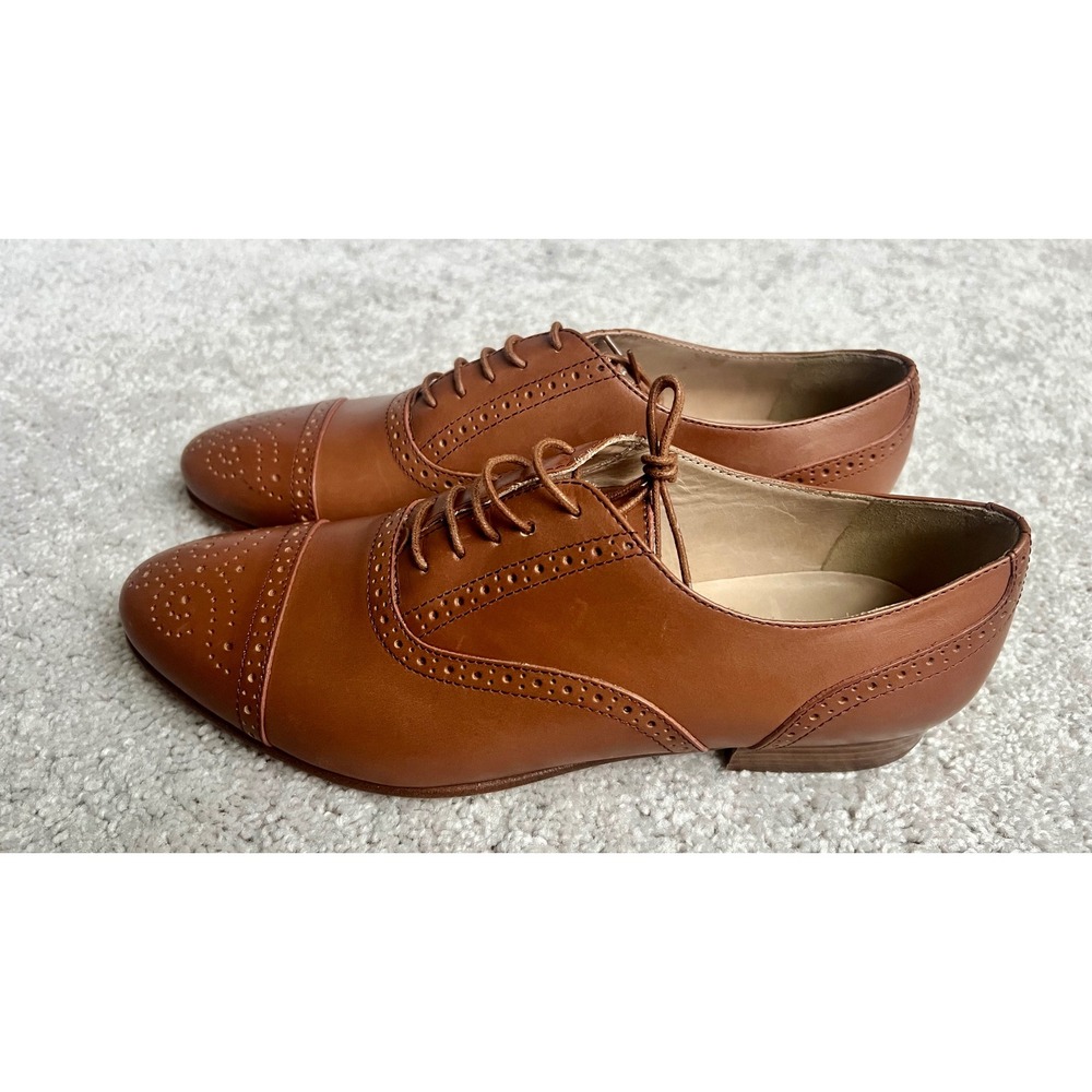 J.Crew Womens Cognac Leather Wingtip Brogue Oxford Shoes Made in Italy Size 7.5